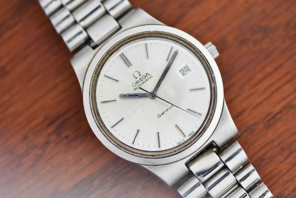Omega Genève three quarter view showing cushion case and wide polished bezel