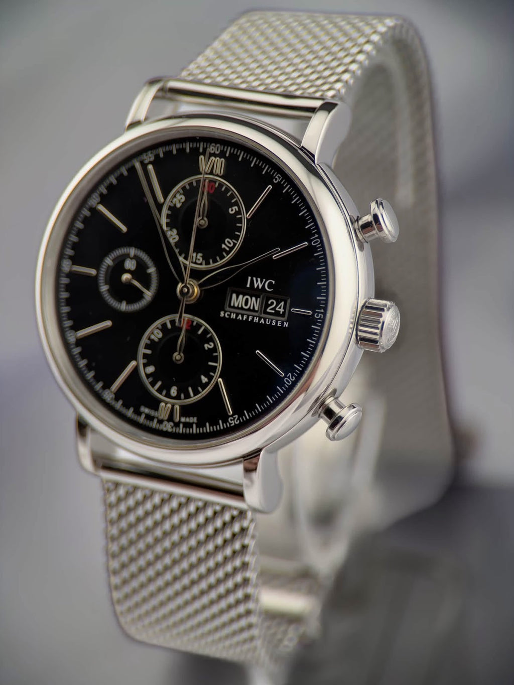 IWC Portofino Chronograph upright on mesh bracelet