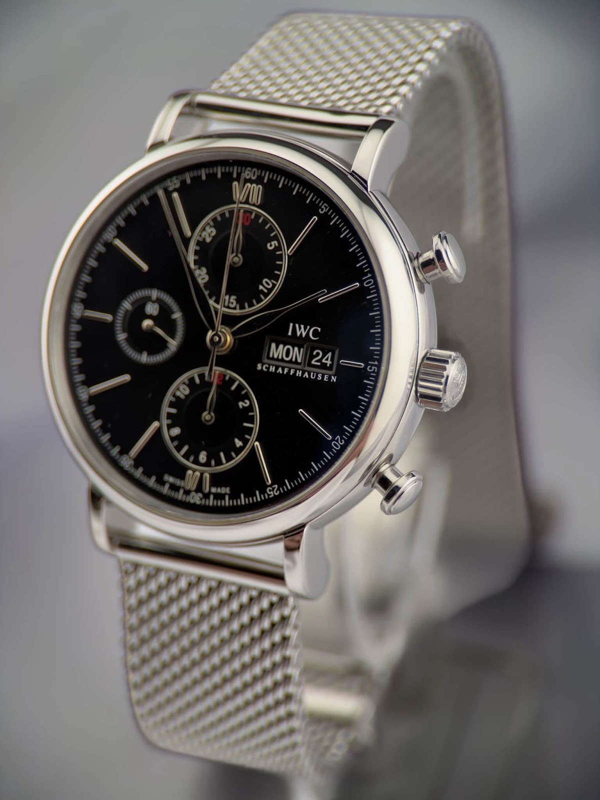 IWC Portofino Chronograph upright on mesh bracelet