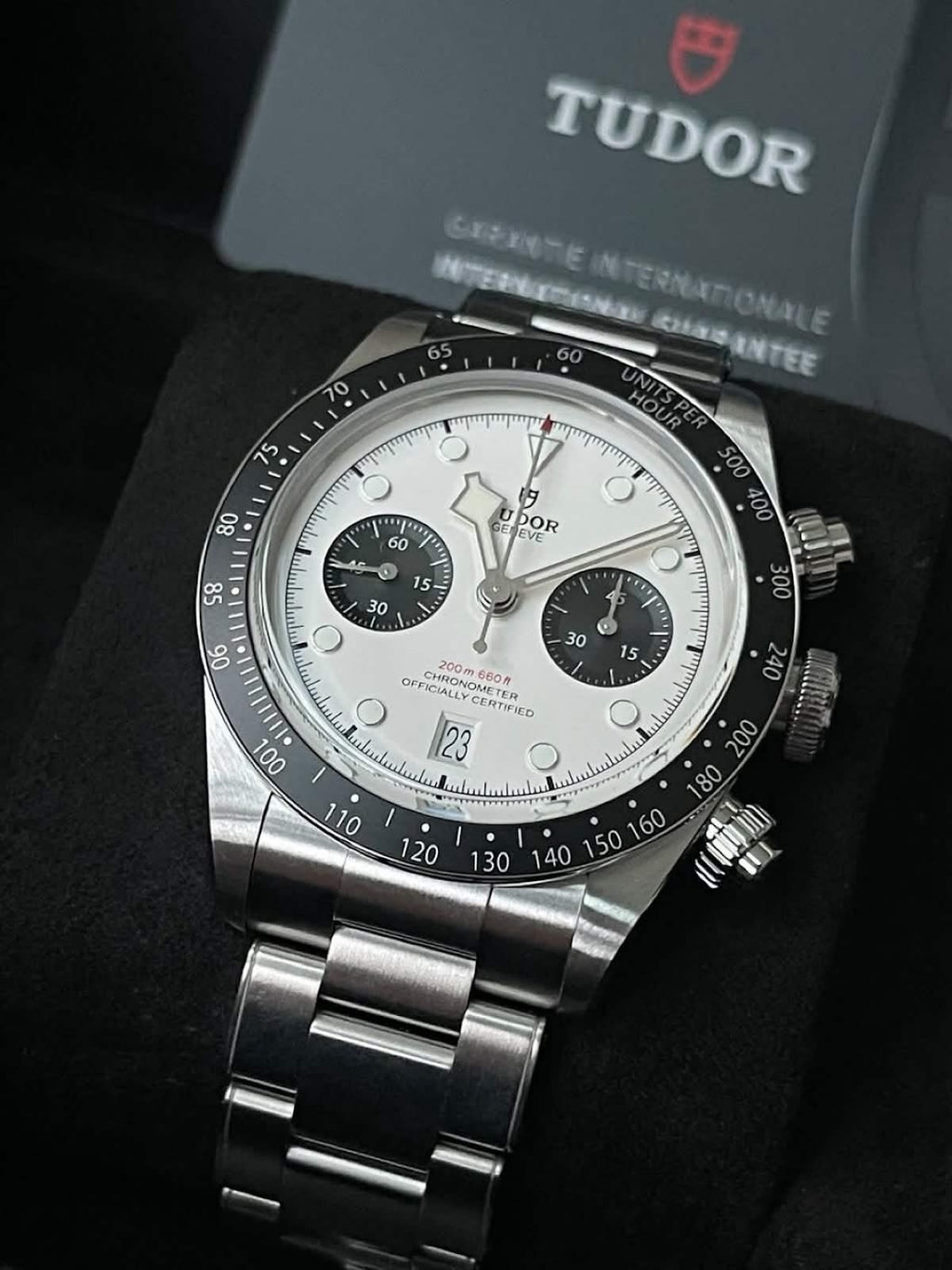 2024 Tudor Black Bay Chrono Ref. 79360N, white panda dial with black sub-dials on steel bracelet