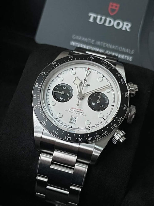 2024 Tudor Black Bay Chrono Ref. 79360N, white panda dial with black sub-dials on steel bracelet