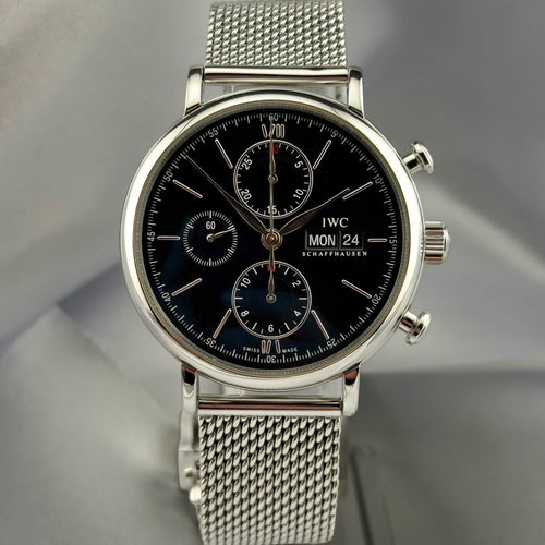 IWC Portofino Chronograph black dial, three-quarter view showing case profile and pushers