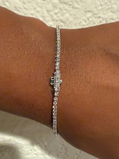 3 carat lab diamond tennis bracelet showing box clasp and safety latch on the wrist