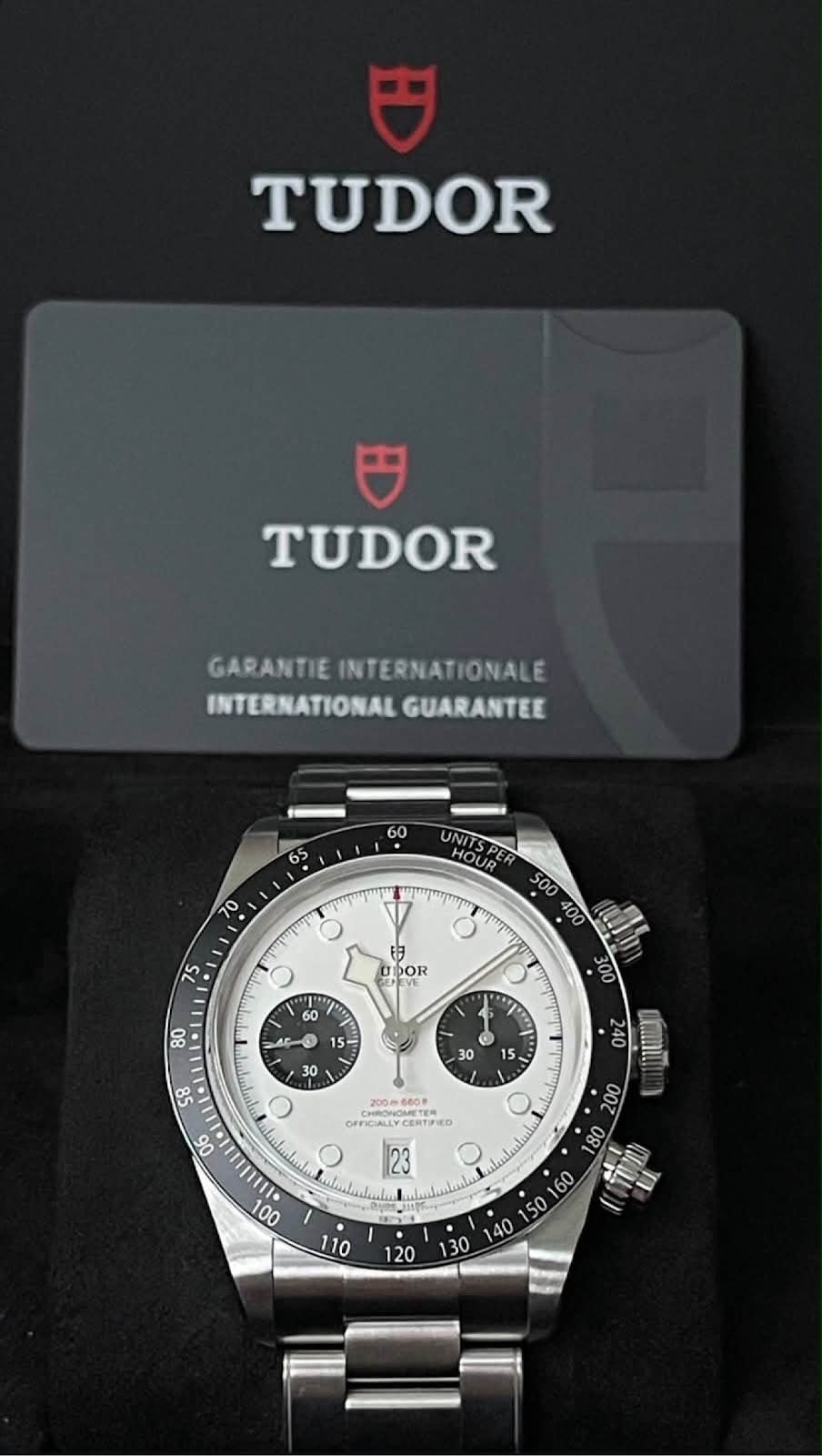 Tudor Black Bay Chrono with its international guarantee card in the presentation box