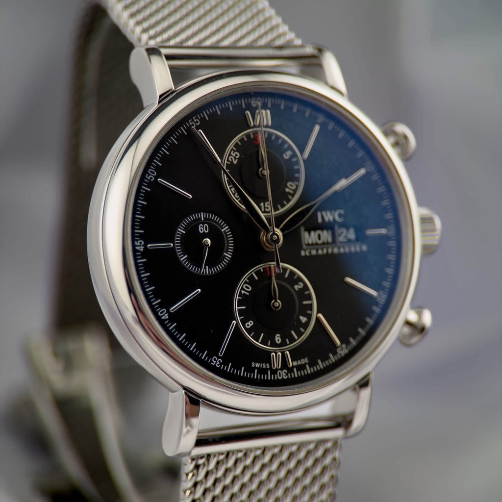 IWC Portofino Chronograph side angle showing crown and chronograph pushers