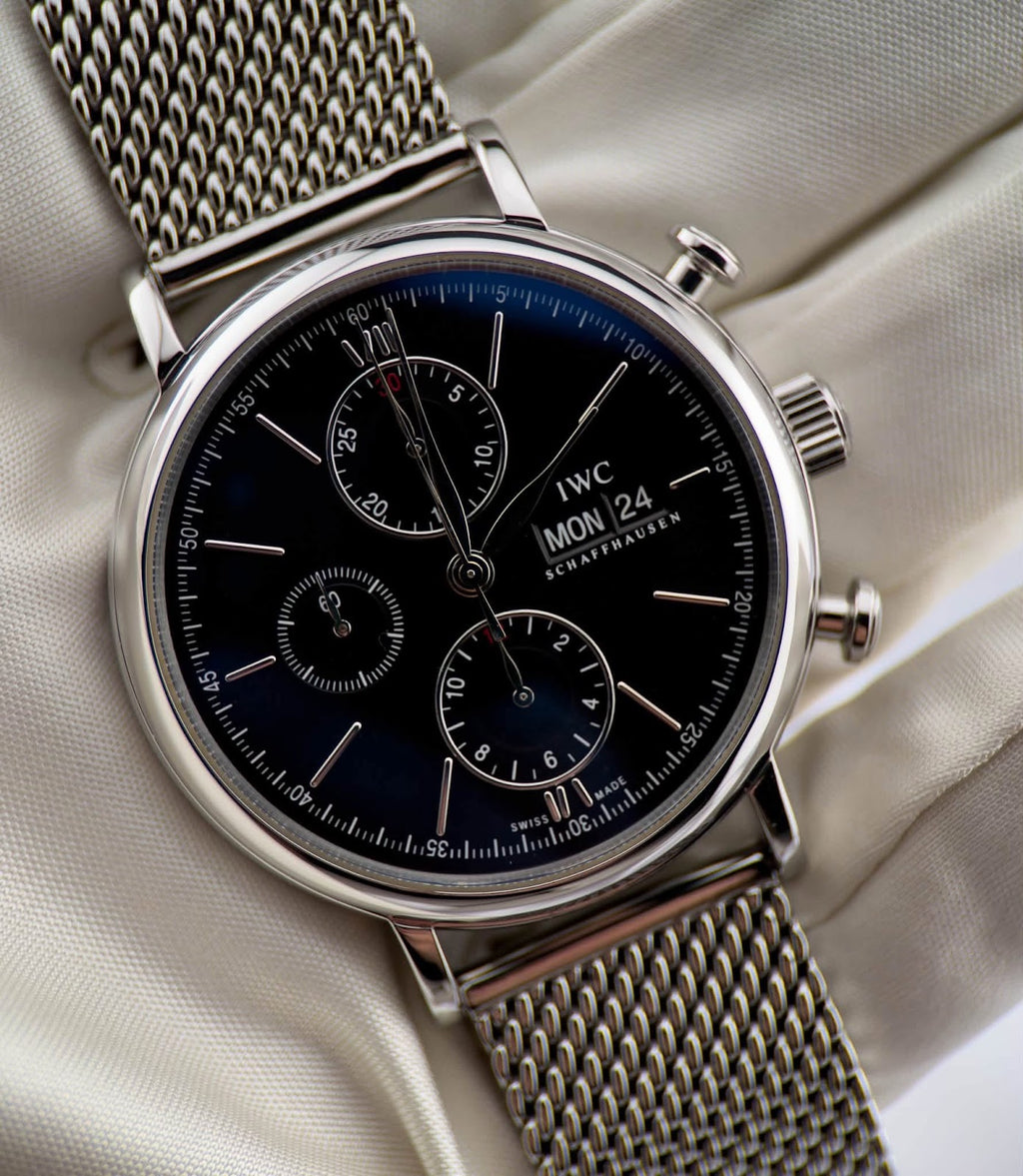 IWC Portofino Chronograph angled view, black dial with gold-tone hands