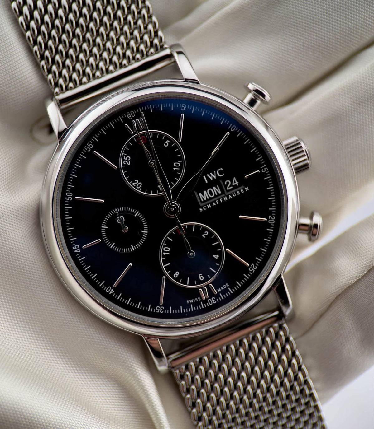 IWC Portofino Chronograph angled view, black dial with gold-tone hands