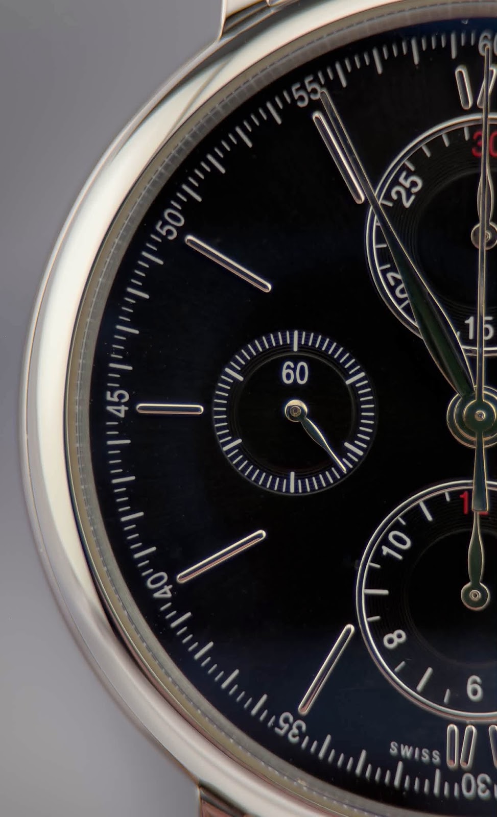 Macro of IWC Portofino chronograph subdial and minute track