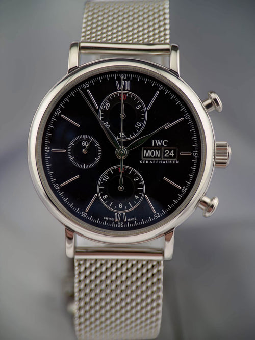 2016 IWC Portofino Chronograph 42mm Ref. IW391010, black dial on stainless Milanese mesh bracelet